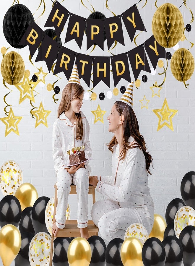 ZERODECO Black Gold Birthday Decorations, Easy to Assemble Happy Birthday Banner with Honeycomb Ball, Balloon, Hanging Swirl Streamer, Garland, Party Decorations for Women Men - Image 5