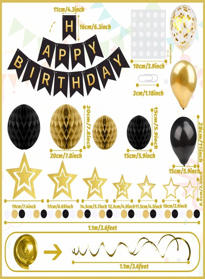 ZERODECO Black Gold Birthday Decorations, Easy to Assemble Happy Birthday Banner with Honeycomb Ball, Balloon, Hanging Swirl Streamer, Garland, Party Decorations for Women Men - Image 3