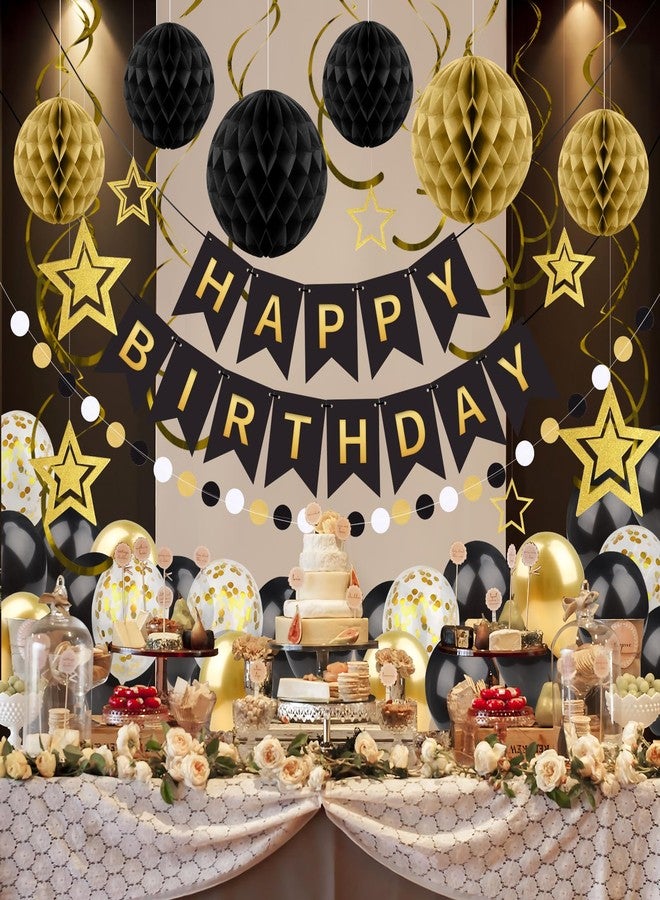 ZERODECO Black Gold Birthday Decorations, Easy to Assemble Happy Birthday Banner with Honeycomb Ball, Balloon, Hanging Swirl Streamer, Garland, Party Decorations for Women Men - Image 4