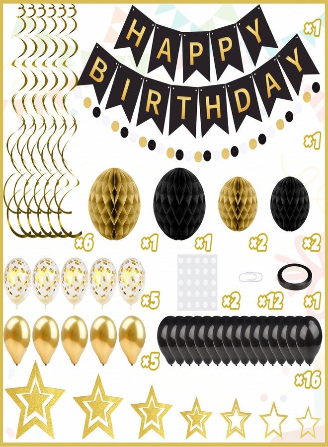 ZERODECO Black Gold Birthday Decorations, Easy to Assemble Happy Birthday Banner with Honeycomb Ball, Balloon, Hanging Swirl Streamer, Garland, Party Decorations for Women Men - Image 2