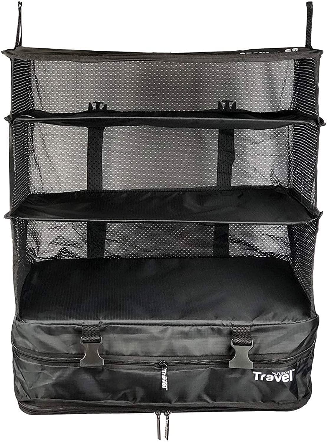 Stow-N-Go Portable Hanging Travel Shelves, Packing Organizer for Luggage. Carry on Closet for Clothes. Expandable Packing Cube. Travel Essentials. (Black - XL, XL = (L) 17.7" x (W) 11.8")