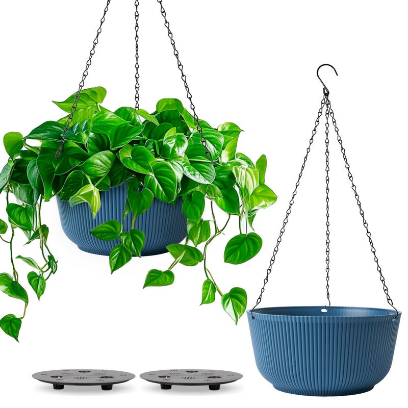 T4U 12 Inch Large Hanging Planters for Outdoor Plants, 2 Pack Self Watering Pots Indoor, Hanging Baskets for Plants,Hanging Flower Pot with Drainage Hole and Plant Hanger, Blue - Image 1