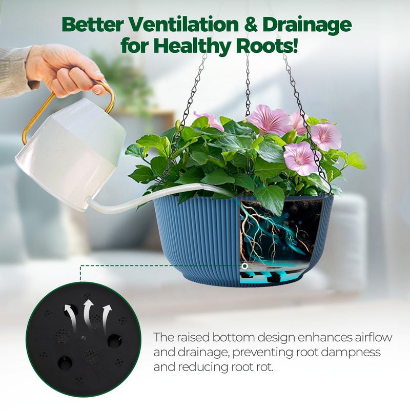 T4U 12 Inch Large Hanging Planters for Outdoor Plants, 2 Pack Self Watering Pots Indoor, Hanging Baskets for Plants,Hanging Flower Pot with Drainage Hole and Plant Hanger, Blue - Image 4