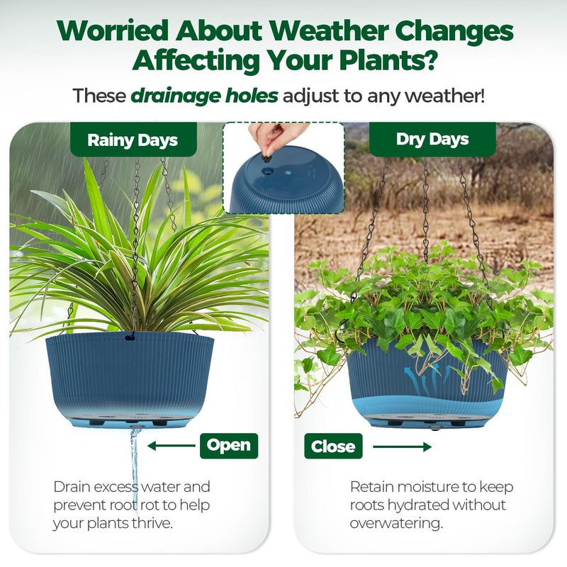 T4U 12 Inch Large Hanging Planters for Outdoor Plants, 2 Pack Self Watering Pots Indoor, Hanging Baskets for Plants,Hanging Flower Pot with Drainage Hole and Plant Hanger, Blue - Image 5