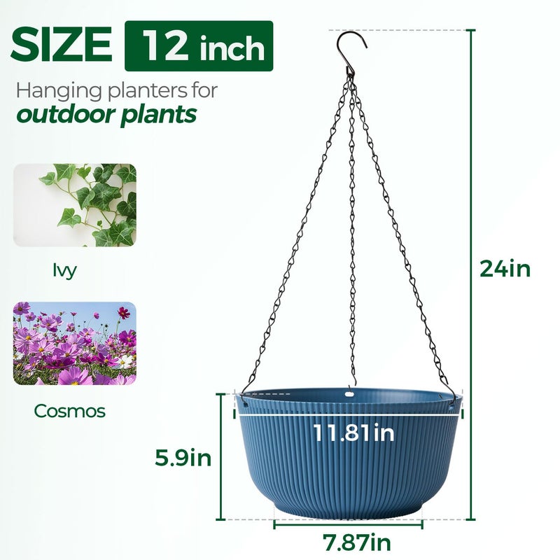 T4U 12 Inch Large Hanging Planters for Outdoor Plants, 2 Pack Self Watering Pots Indoor, Hanging Baskets for Plants,Hanging Flower Pot with Drainage Hole and Plant Hanger, Blue - Image 2