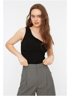 Black Gathered Detail Fitted One-Shoulder Elastic Knitted Blouse TWOSS21BZ0590