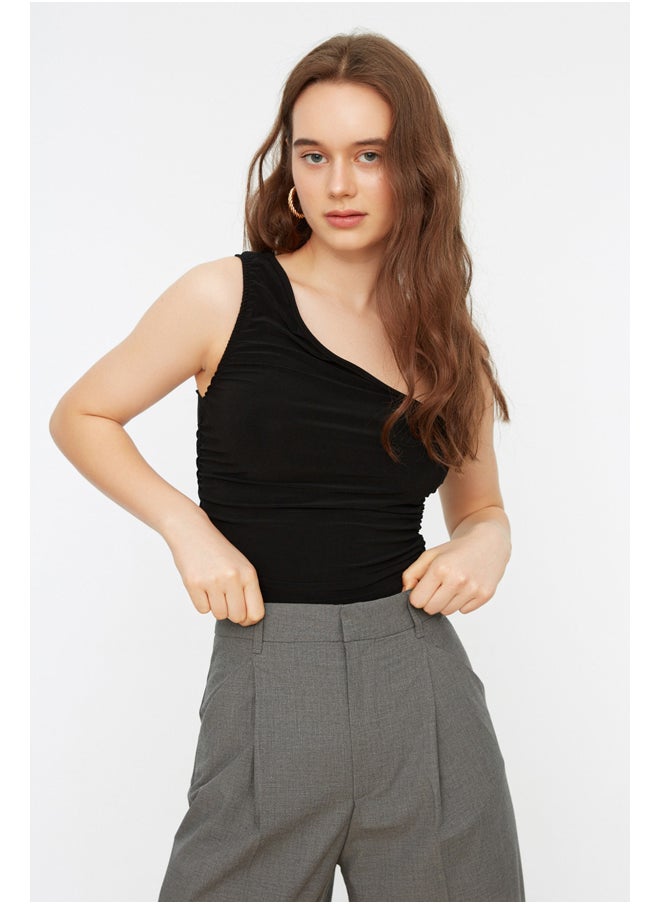 trendyol - Black Gathered Detail Fitted One-Shoulder Elastic Knitted Blouse TWOSS21BZ0590 - Image 1