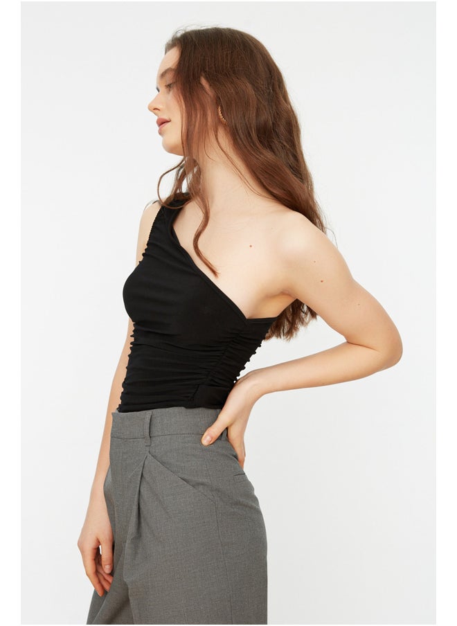 trendyol - Black Gathered Detail Fitted One-Shoulder Elastic Knitted Blouse TWOSS21BZ0590 - Image 1
