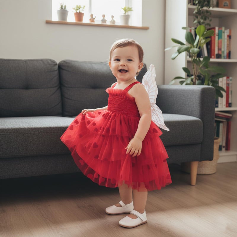 XRTBMN Toddler Baby Girl Valentine Dress Sleeveless Smocked Ruffle Tulle Sundress Spring Outfit Heart Butterfly Dresses (Red, 2-3 Years) - Image 2