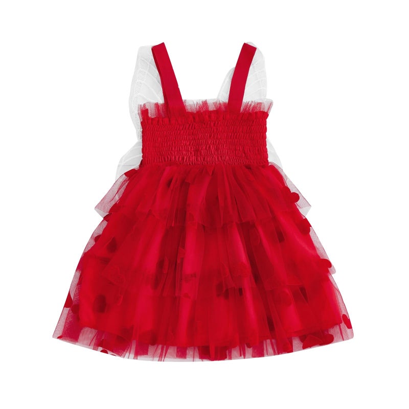 XRTBMN Toddler Baby Girl Valentine Dress Sleeveless Smocked Ruffle Tulle Sundress Spring Outfit Heart Butterfly Dresses (Red, 2-3 Years) - Image 4