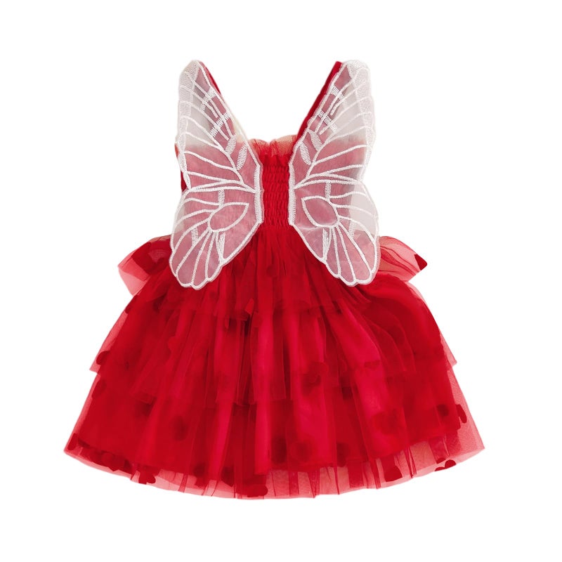 XRTBMN Toddler Baby Girl Valentine Dress Sleeveless Smocked Ruffle Tulle Sundress Spring Outfit Heart Butterfly Dresses (Red, 2-3 Years) - Image 1