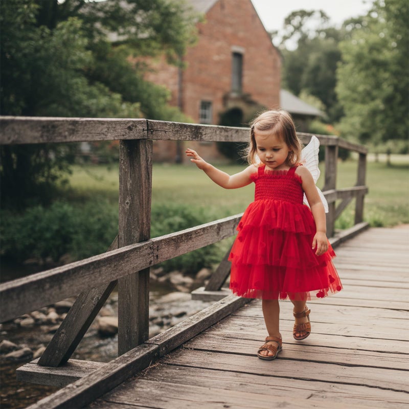 XRTBMN Toddler Baby Girl Valentine Dress Sleeveless Smocked Ruffle Tulle Sundress Spring Outfit Heart Butterfly Dresses (Red, 2-3 Years) - Image 3