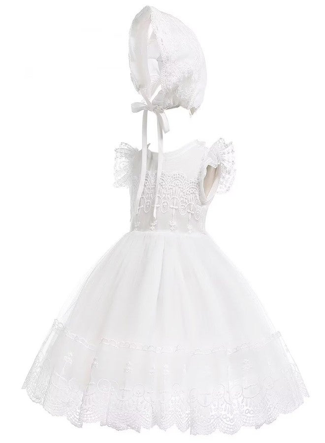 Leideur Baby Girls White Christening Dress With Bonnet Newborn Baptism Gown Lace Dress for Wedding Birthday (White 3, 24M) - Image 1