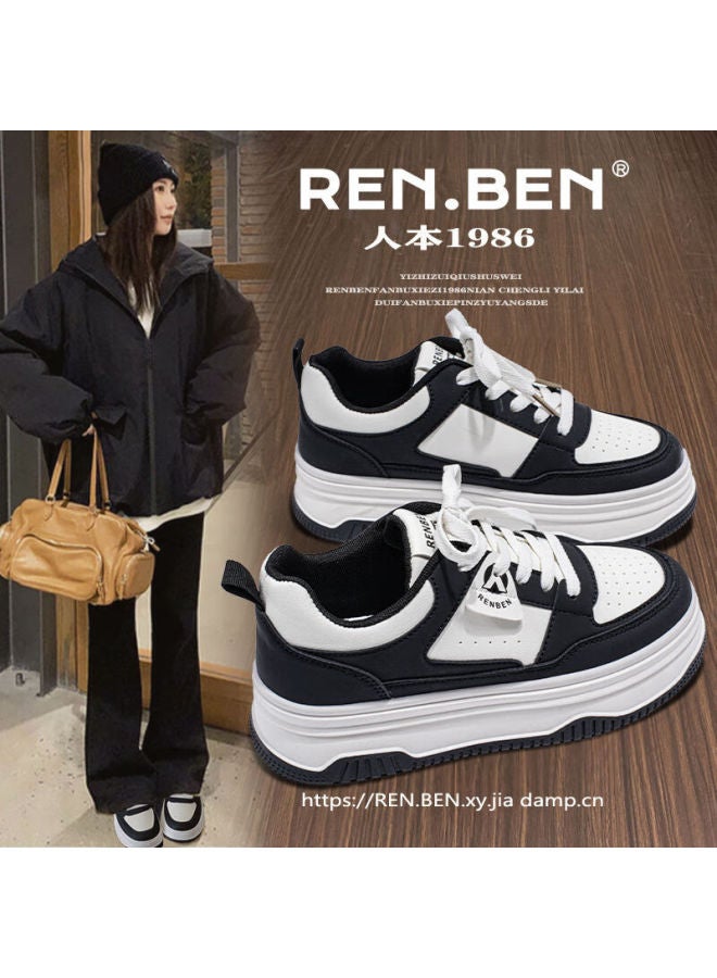 Renben Thick Sole Trendy Versatile Black And White Panda Shoes 2025 Spring Autumn Popular Casual Fashion Sports Sneakers Women's Shoes
