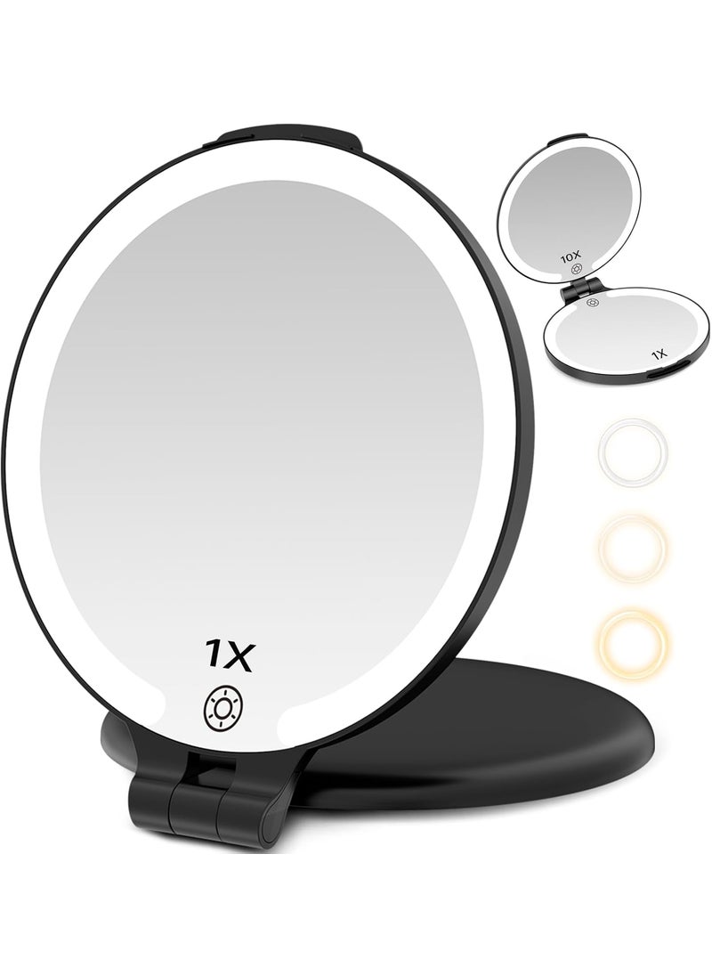 FUNTOUCH FUNTOUCH 7'' Travel Makeup Mirror with Lights 10X Magnifying, Rechargeable Double Sided 3 Color Lighted Makeup Mirror for Travel Essential, Portable Light up Mirror with dimming,Gifts for Women,Black 