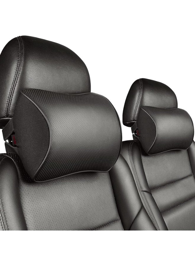 Aukee Car Headrest Pillow with Genuine Leather Cover Memory Foam Neck Cushion for Driving Home Office Black (Pack of 2) - Image 1