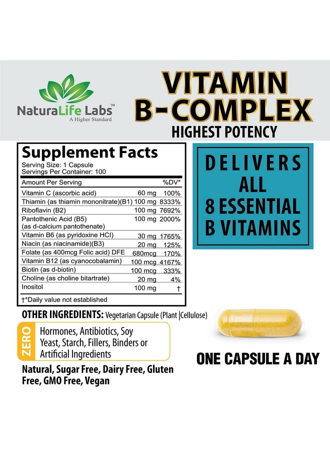 NaturaLife Labs Vitamin B Complex With Vitamin C And Folic Acid B12 B1 B2 B3 Vitamin B5 Pantothenic Acid B6 B7 B9 Nervous System Support & Supports Energy Metabolism Nongmo 100 Veggie Capsules - Image 4
