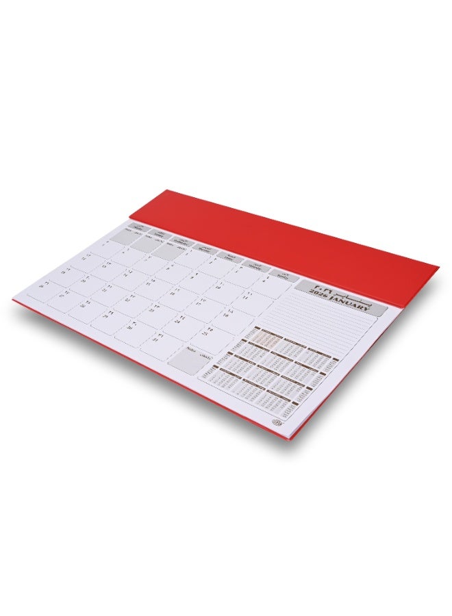 FIS مخطط السنة 2026 - لوحة مكتب حمراء من PVC، 490x340 مم، 12 ورقة شهرية، ثنائية اللغة (إنجليزية/عربية)، مثالية للاستخدام على المكتب، ملاحظات يومية وتذكيرات - FSDK2AE26RE - Image 1