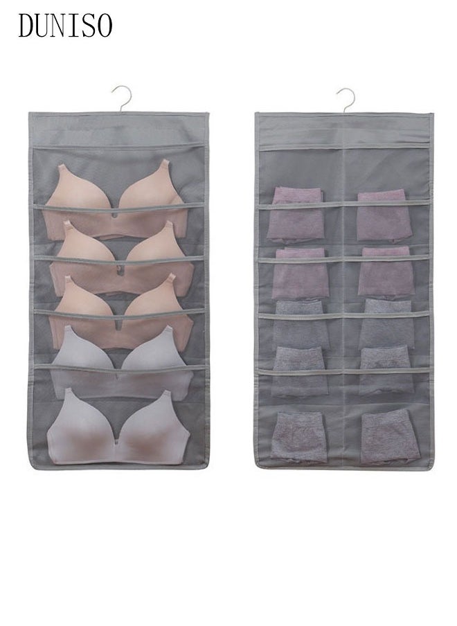 DUNISO Dual Sided Wall Closet Hanging Organizer Storage with Mesh Pockets for Underwear Bra Underpants Socks (Gray 5+10 Pockets)  - Image 1