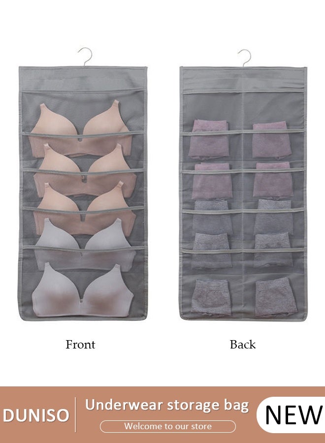 DUNISO Dual Sided Wall Closet Hanging Organizer Storage with Mesh Pockets for Underwear Bra Underpants Socks (Gray 5+10 Pockets) - Image 1