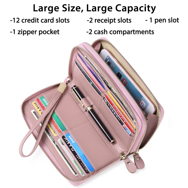 SENDEFN Leather Women Wallet RFID Blocking Zipper Around Phone Holder Clutch Wristlet Large Capacity - Image 2