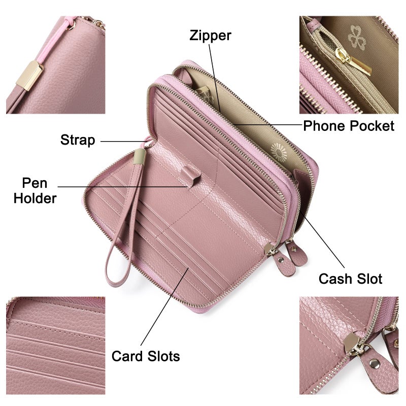 SENDEFN Leather Women Wallet RFID Blocking Zipper Around Phone Holder Clutch Wristlet Large Capacity - Image 3