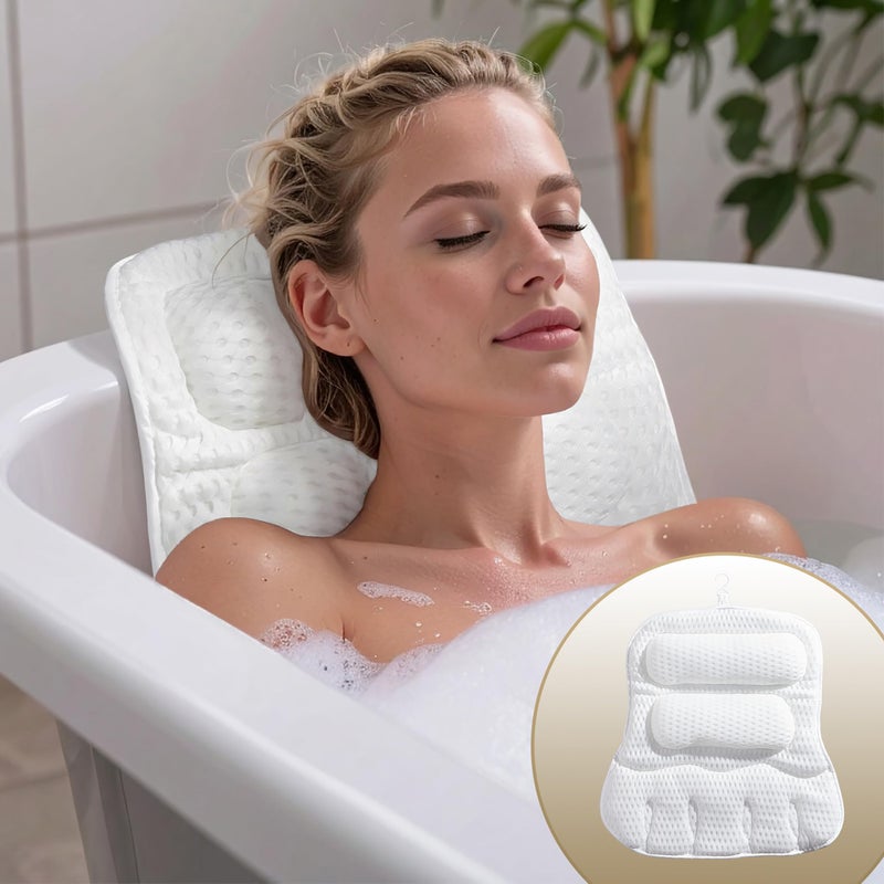 Suvast Luxury Bath Pillow for Tub, Dual Headrest & Back Support, 4D Air Mesh Quick-Dry Cushion, 10 Strong Suction Cups, Extra-Large Spa Bathtub Pillow Gift for Women(White) - Image 2