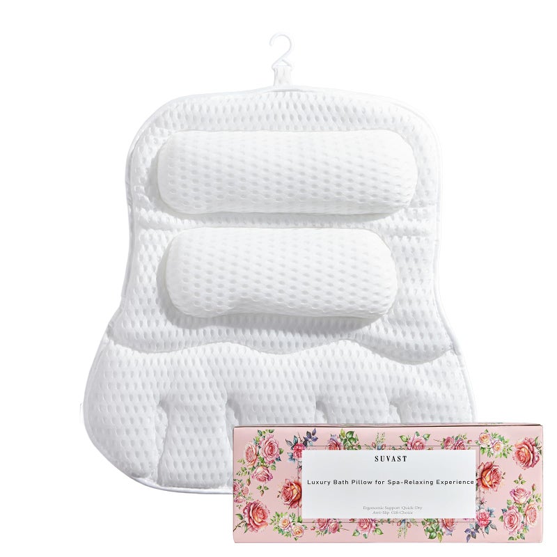 Suvast Luxury Bath Pillow for Tub, Dual Headrest & Back Support, 4D Air Mesh Quick-Dry Cushion, 10 Strong Suction Cups, Extra-Large Spa Bathtub Pillow Gift for Women(White) - Image 1