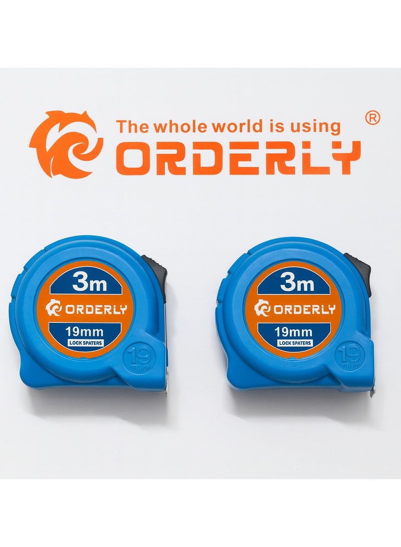 ORDERLY Pack of 2 — ORDERLY Measuring Tape 3m/10ft – 19 mm Wide Steel Blade, Durable ABS Case with Lock – Dual Graduation mm/cm/inch for Professional & DIY Use – Model DOL-61601 (ART:61511) – Blue - Image 1