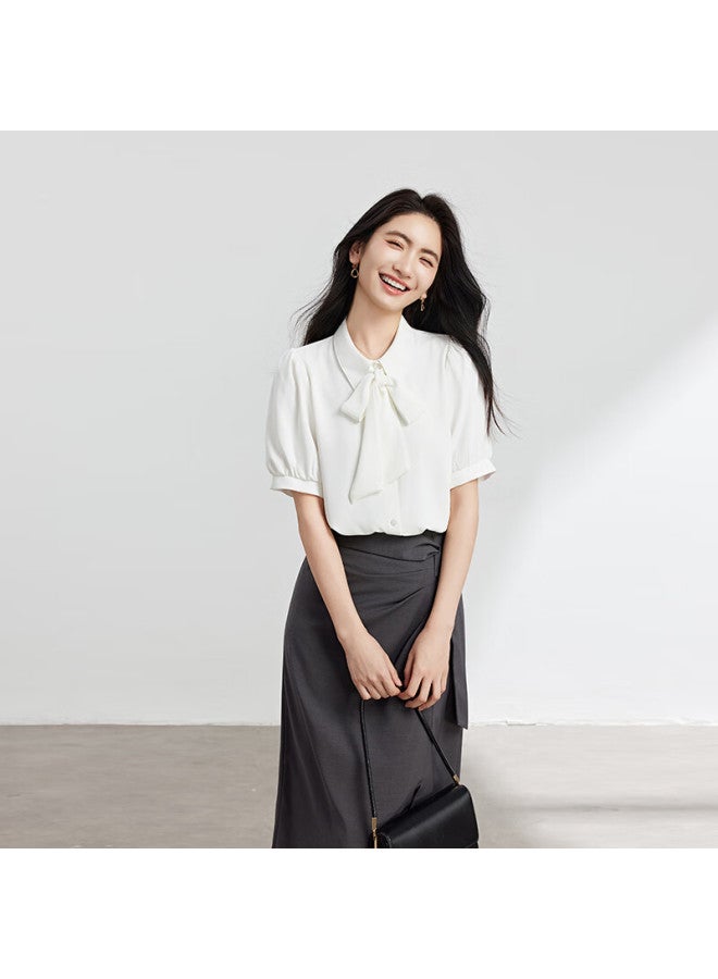 Lady Bird Miss Bird Blue Butterfly Bow Tie Shirt Women Summer Design Sense Strap Short Sleeve Top Temperament Commuter Professional White-collar Shirt - Image 3