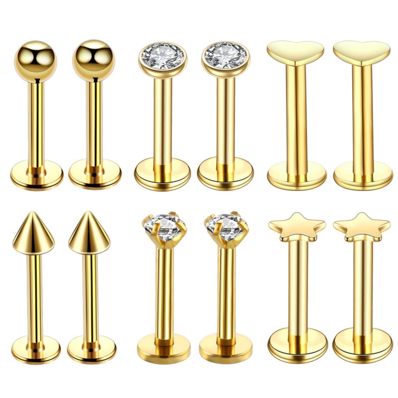 16G Lip Ring: Pack of 6 Gold Stainless Steel - Internally Threaded Crystal CZ Lip Ring for Lip Tragus Labret Piercings With Comfortable Fit Versatile Styles Daily Wear - Image 1