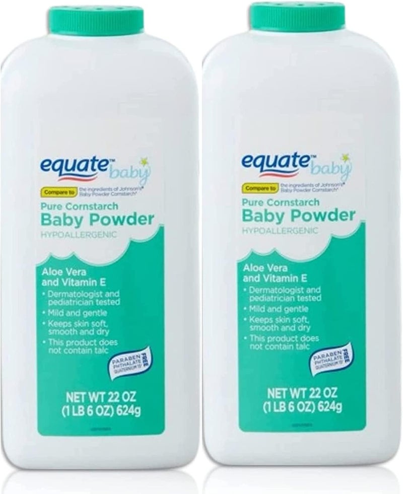 Equate Pure Cornstarch Baby Powder Aloe and Vitamin E (22 oz - 2 Pack) - Image 1