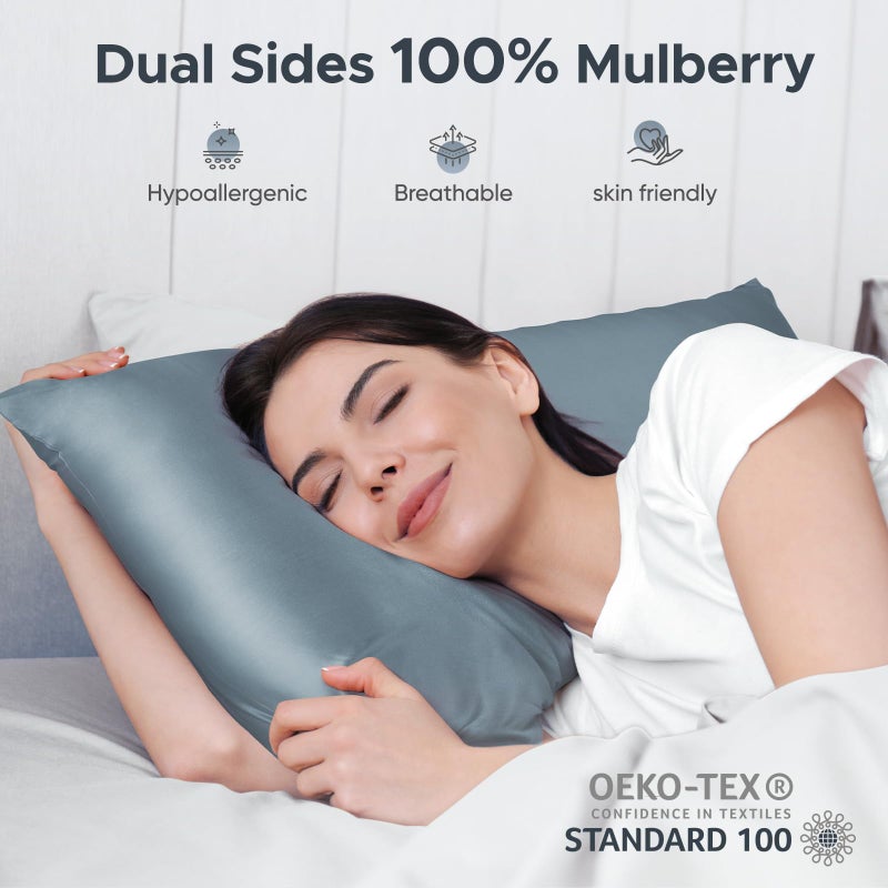 CAAIR 100% Pure Mulberry Silk Pillowcase for Hair and Skin - Allergen Resistant Dual Sides 600 Thread Count Silk Bed Pillow Cases with Hidden Zipper 1pc King Size Grey Blue - Image 2