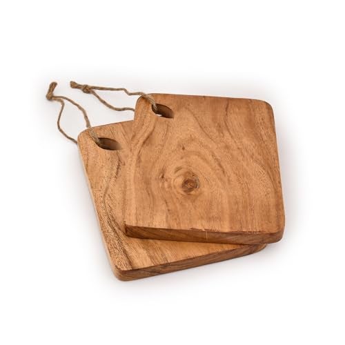 BHAVATU Cutting Board Acacia Wood Set of 2 with Hanging Hole Wooden chopping boards for Fruit, Vegetable, Camping Trip (8" x 6" x 0.75") - Image 2
