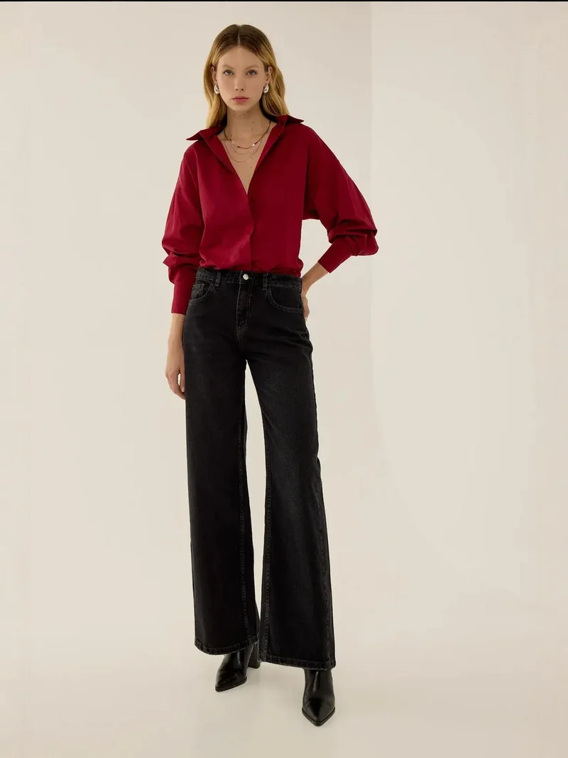 Washed Effect Stitched Wide Leg Denim Jeans