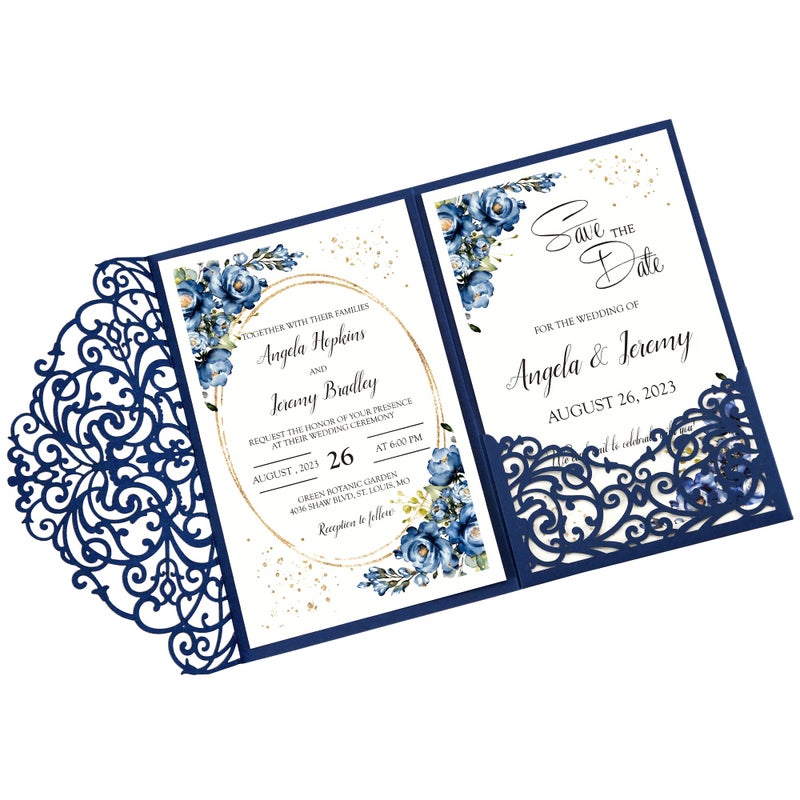 Doris Home DORIS HOME 50pcs Blue blank 47x7 Inch Wedding Invitation Kits Laser Cut Hollow Rose Pocket Wedding Invitations with Envelopes For Wedding Bridal Shower Engagement Invite