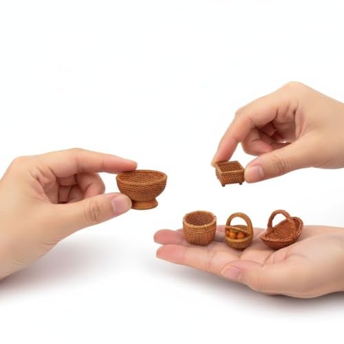 Krisah Miniature Wicker Basket Set, 10 Pieces Handcrafted Resin Decor for Fairy Gardens, Terrariums, Model Making, Brown, X-Small Size, Realistic Cane Texture - Image 4