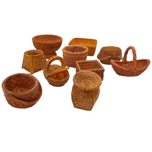 Krisah Miniature Wicker Basket Set, 10 Pieces Handcrafted Resin Decor for Fairy Gardens, Terrariums, Model Making, Brown, X-Small Size, Realistic Cane Texture - Image 1