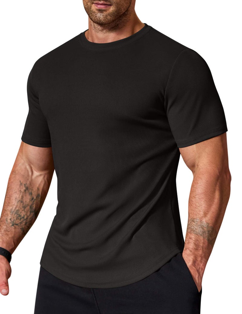COOFANDY Mens Muscle T Shirts Short Sleeve Ribbed Texture Crewneck Tees Longline Workout Shirts for Men Black - Image 1