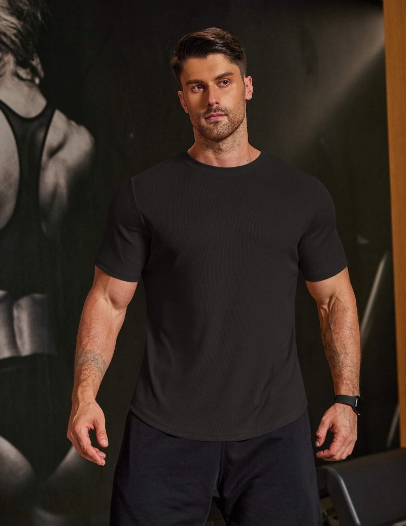 COOFANDY Mens Muscle T Shirts Short Sleeve Ribbed Texture Crewneck Tees Longline Workout Shirts for Men Black - Image 2