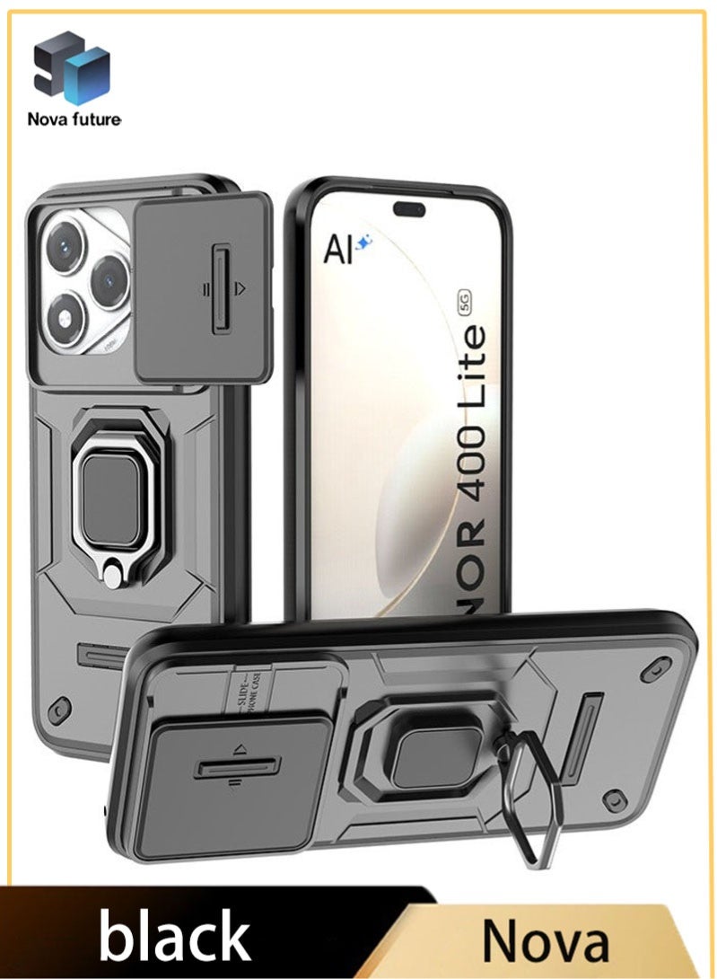 مستقبل نوفا جراب كاميرا منزلق لهاتف Honor 400 Lite 5G، غطاء حماية، حامل مع حامل حلقي مغناطيسي مدمج يدور 360 درجة، غطاء حماية مقاوم للصدمات، أسود - Image 1