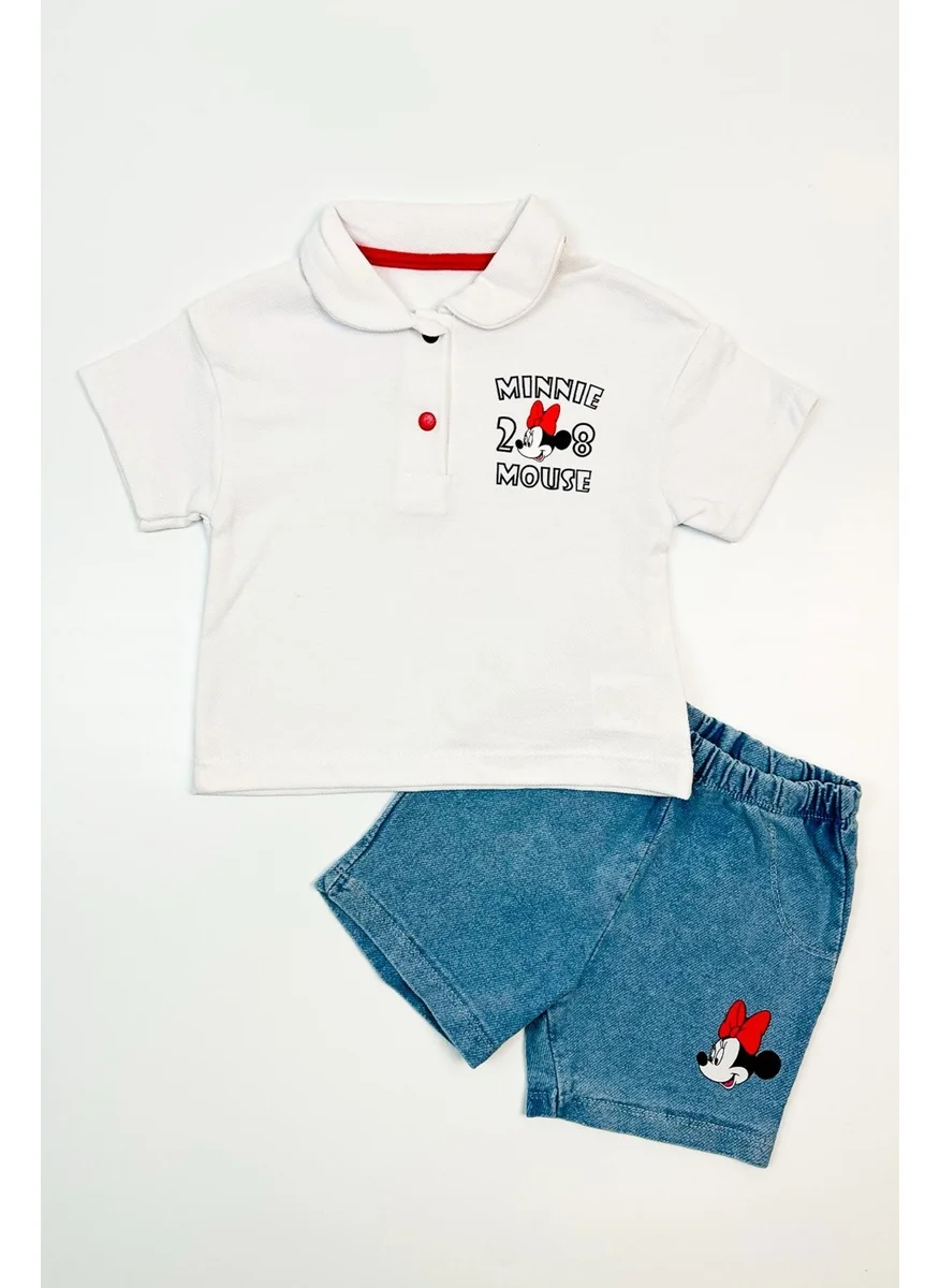 Ada Bebek Çocuk Ada Baby Child 100% Cotton Combed Top and Bottom Set with Denim Shorts