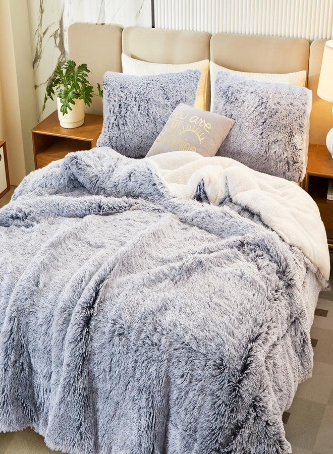 FlySheep Luxury Faux Fur Shaggy Fluffy Comforter Set King Size Mixed Gray and White Long Hair, 3 Pieces Plush Flannel Sherpa Backing Reversible Soft Microfiber Bedding Set Super Warm for Chilly Winter - Image 1
