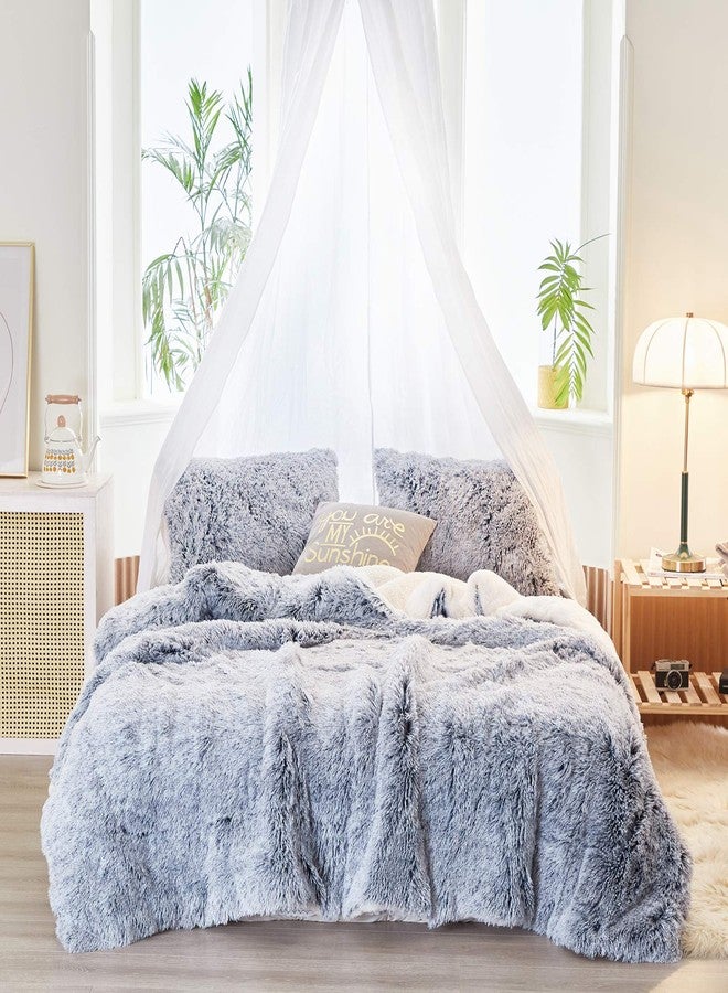 FlySheep Luxury Faux Fur Shaggy Fluffy Comforter Set King Size Mixed Gray and White Long Hair, 3 Pieces Plush Flannel Sherpa Backing Reversible Soft Microfiber Bedding Set Super Warm for Chilly Winter - Image 3