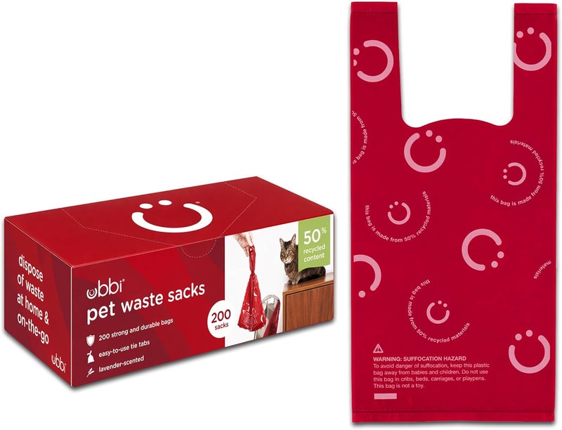 ubbi Pet Waste Sacks, Lavender Scented Cat Litter Disposal Bags, Leak Proof and Easy Tie, 200 Count (Pack of 1) - Image 1