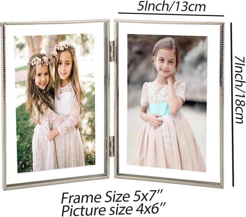 GorYeeFine إطار صورة عائم مزدوج فضي مقاس 5x7 بوصة | يناسب الصور من 2x3 بوصة إلى 4x6 بوصة | حافة مخرومة معدنية | إطار صورة قابل للتعديل على المكتب/الرف | فكرة هدية أنيقة للزفاف، عيد الشكر والمزيد. - Image 5