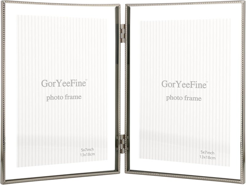GorYeeFine إطار صورة عائم مزدوج فضي مقاس 5x7 بوصة | يناسب الصور من 2x3 بوصة إلى 4x6 بوصة | حافة مخرومة معدنية | إطار صورة قابل للتعديل على المكتب/الرف | فكرة هدية أنيقة للزفاف، عيد الشكر والمزيد. - Image 1