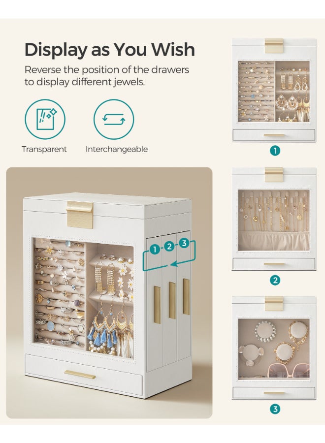 SONGMICS Jewellery Box with Glass Window, 5-Layer Organiser with 3 Side Drawers, Vertical Storage Space, Big Mirror, Modern Style, Cloud White and Gold - Image 3