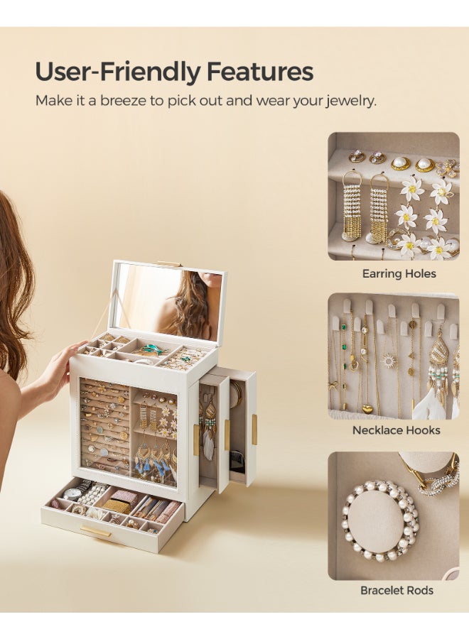 SONGMICS Jewellery Box with Glass Window, 5-Layer Organiser with 3 Side Drawers, Vertical Storage Space, Big Mirror, Modern Style, Cloud White and Gold - Image 5
