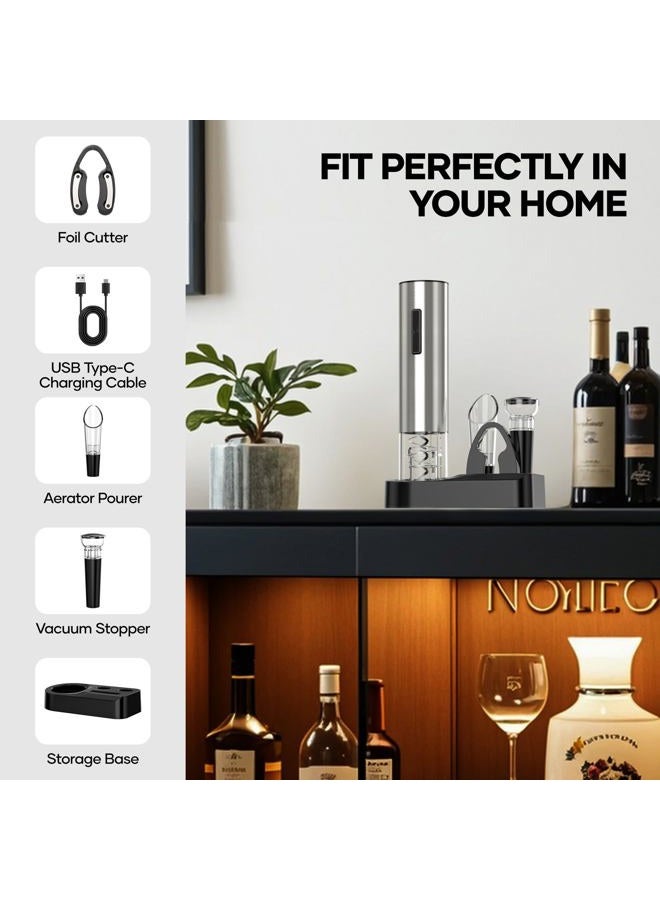 Crenova 4-in-1 Electronic Wine Opener, Rechargeable Automatic Corkscrew Wine Bottle Opener set with Wine Saver Pump, Wine Aerator and Wine Foil Cutter & USB Charging Cable, Elegant Black - Image 4